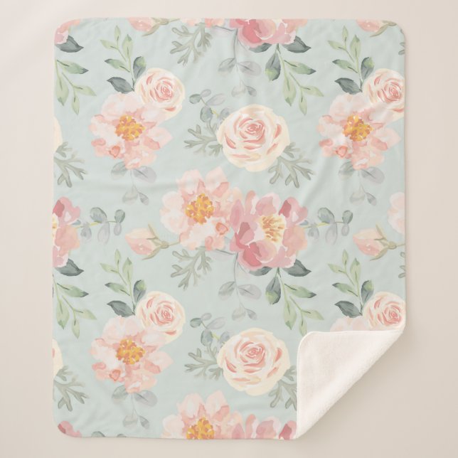 Pink Rose Pastel Garden Pattern Sherpa Blanket (Front)