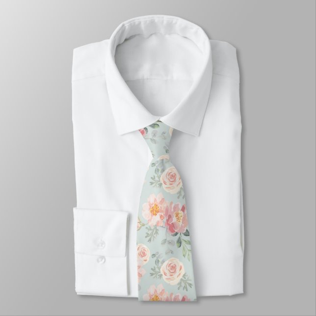Pink Rose Pastel Garden Pattern Tie (Tied)