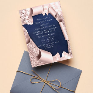 Pink Rose Pastel Powder 3D Frame Blue Navy Invitation