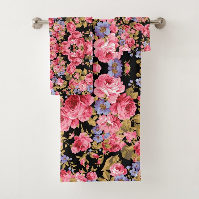 Pink Rose Pattern Bath Towel Set (Insitu)