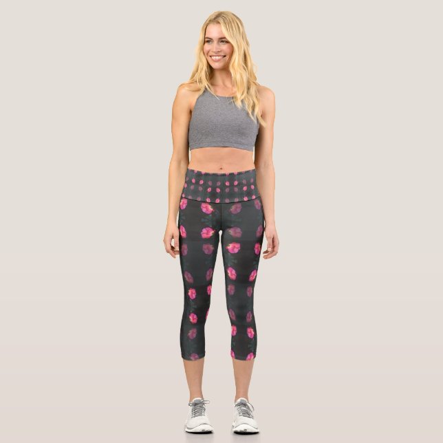 Pink Rose Pattern Capri Leggings (Front)