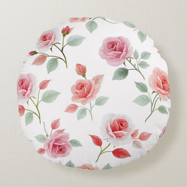 Pink Rose Pattern, soft colour, Round Cushion (Front)