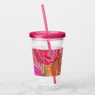 Pink rose pattern with flowers and plants acrylic tumbler