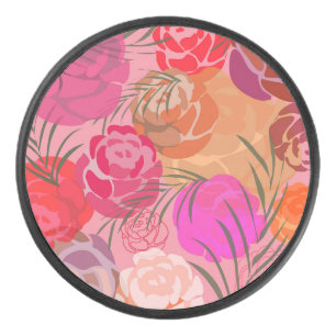 Pink rose pattern with flowers and plants hockey puck