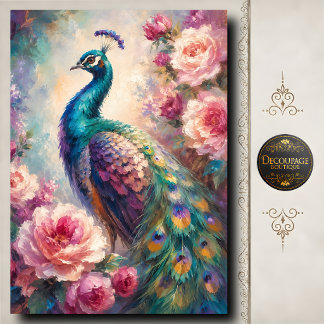 Pink Rose Peacock Decoupage Tissue Paper