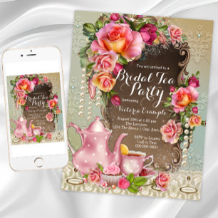 Pink Rose Pearl Bridal Tea Party Invitation