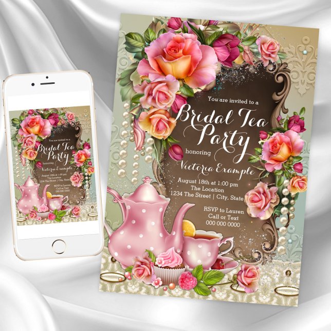 Pink Rose Pearl Bridal Tea Party Invitation (Beautiful Bridal Tea Party Invitation. Instant download and printed invitations available.)