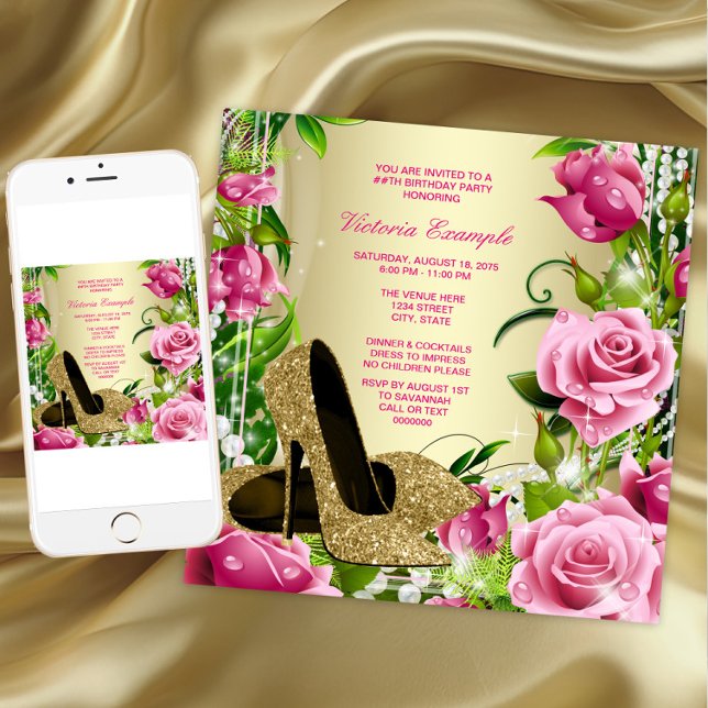 Pink Rose Pearl Gold High Heel Shoe Birthday Party Invitation (Womans gold high heel shoes birthday party invitation. Any number or event. Download and printed.)