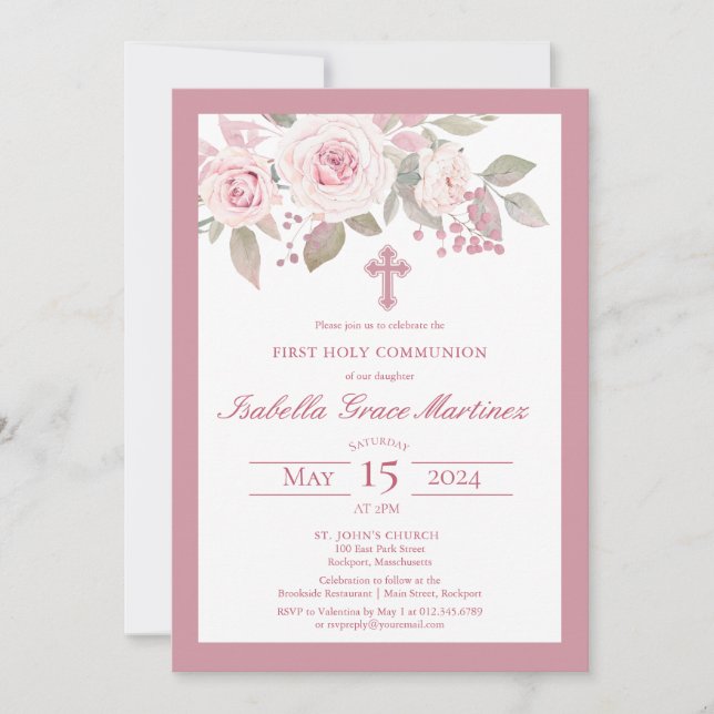 Pink Rose Peony Floral First Holy Communion Invitation (Front)