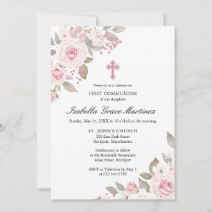 Pink Rose Peony Floral First Holy Communion Invitation