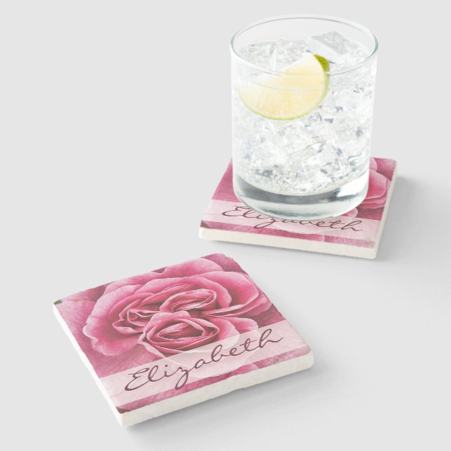 Pink Rose Personalised Stone Coaster (Side)