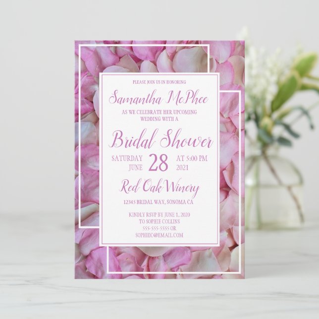 Pink Rose Petals Bridal Shower Invitation (Standing Front)