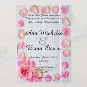 Pink Rose Petals on Wood Wedding Invitation