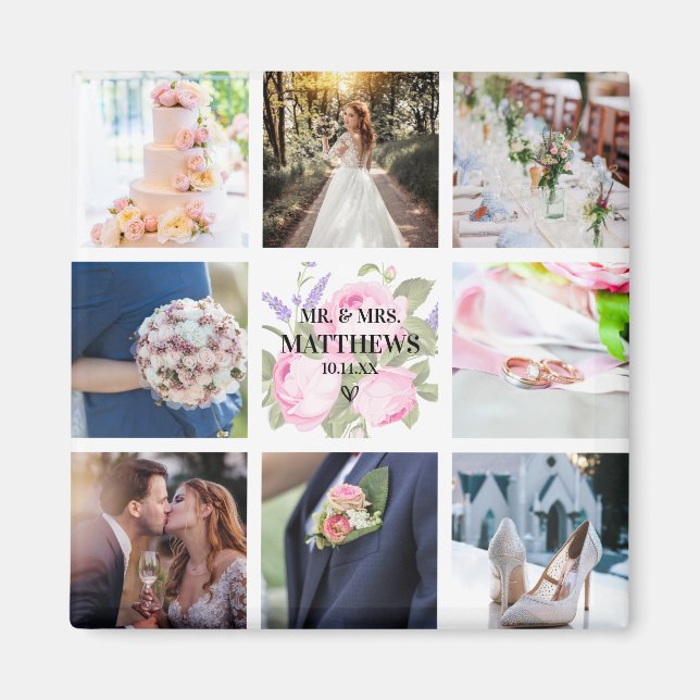 Pink Rose Photo Collage Magnet Wedding Favour (Front)