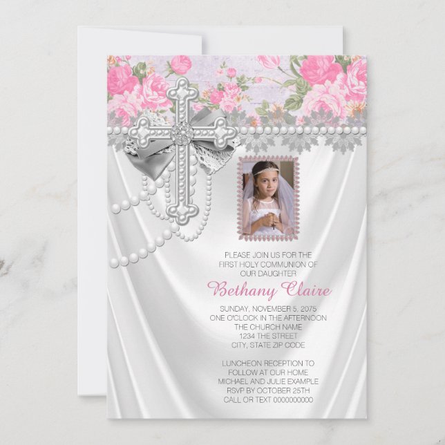 Pink Rose Photo First Communion White Satin Invitation (Front)