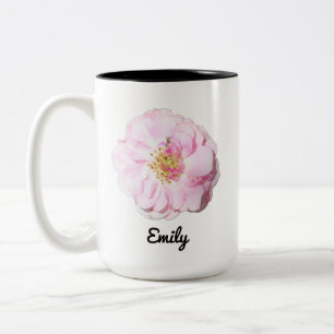 Pink Rose Photo with Custom Name Two-Tone Coffee Mug