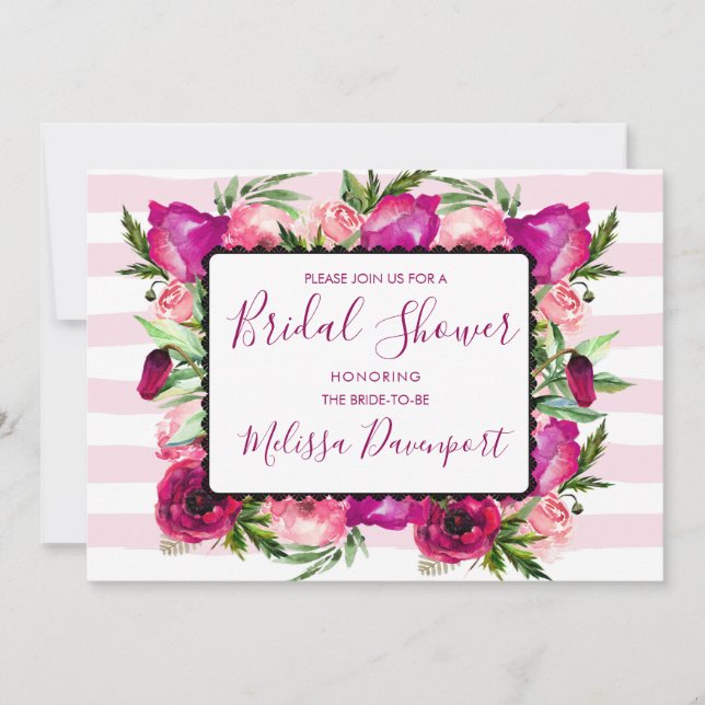 Pink Rose & Poppy Floral Bouquet Bridal Shower Invitation (Front)