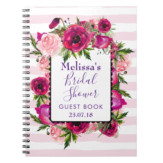Pink Rose & Poppy Floral Bouquet Bridal Shower Notebook (Front)