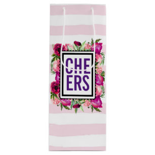 Pink Rose & Poppy Floral Bouquet Cheers Wine Gift Bag