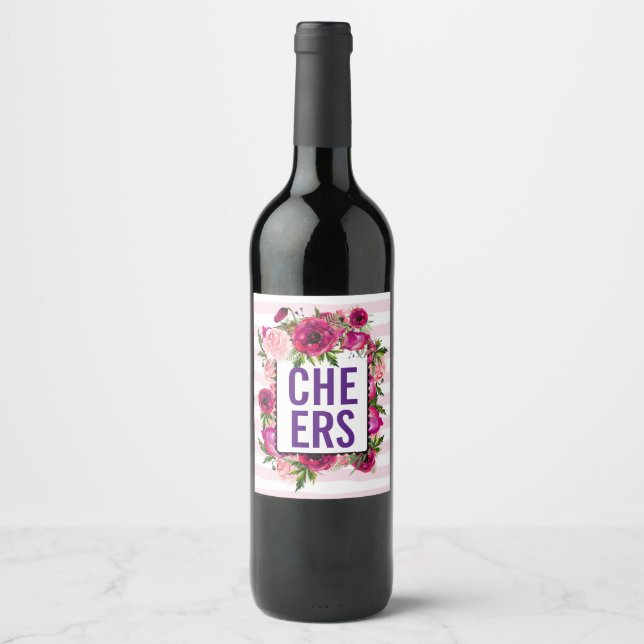 Pink Rose & Poppy Floral Bouquet Cheers Wine Label (Front)