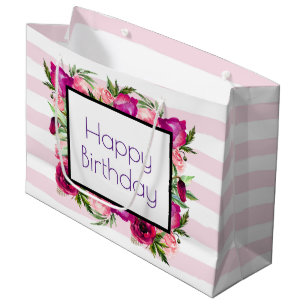 Pink Rose & Poppy Floral Bouquet Happy Birthday Large Gift Bag