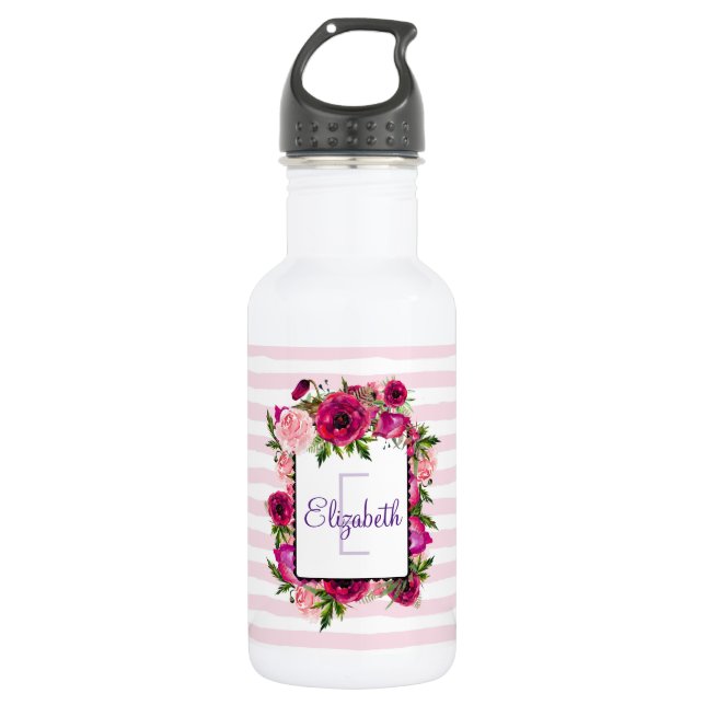 Pink Rose & Poppy Floral Bouquet Monogram 532 Ml Water Bottle (Front)