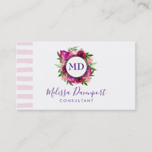 Pink Rose & Poppy Floral Bouquet Monogram Business Card