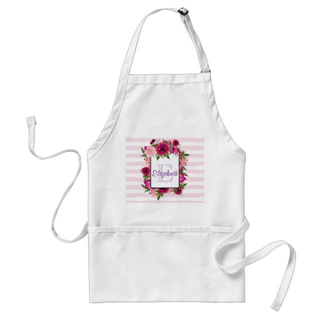 Pink Rose & Poppy Floral Bouquet Monogram Standard Apron (Front)