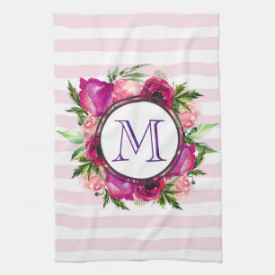 Pink Rose & Poppy Floral Bouquet Monogram Tea Towel