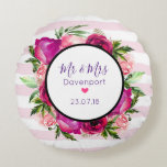 Pink Rose & Poppy Floral Bouquet Mr & Mrs Wedding Round Cushion<br><div class="desc">A round commemorative wedding pillow. Text says Mr & Mrs with your personalised family name and wedding date, with a little pink heart. The back has your family name's monogram letter. Designed with a floral bouquet composed of light pink roses and dark pink poppies with lots of lush green leaves....</div>