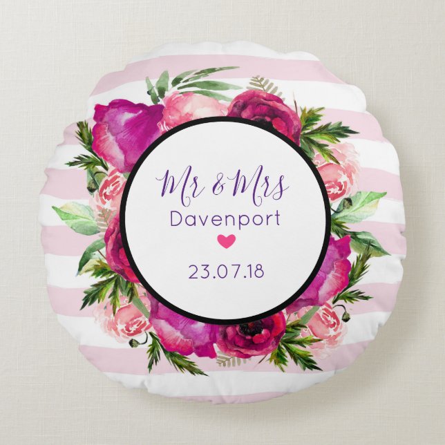 Pink Rose & Poppy Floral Bouquet Mr & Mrs Wedding Round Cushion (Front)