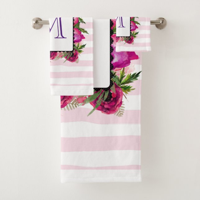 Pink Rose & Poppy Floral Bouquet on Pink Stripes Bath Towel Set (Insitu)