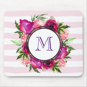 Pink Rose & Poppy Floral Bouquet on Pink Stripes Mouse Pad