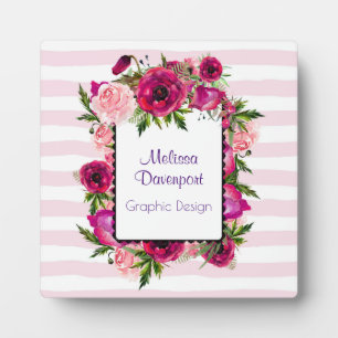 Pink Rose & Poppy Floral Bouquet on Pink Stripes Plaque