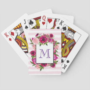 Pink Rose & Poppy Floral Bouquet on Pink Stripes Playing Cards