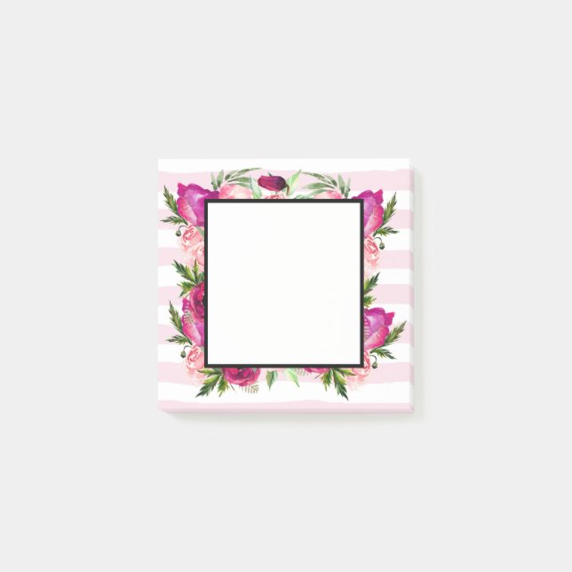 Pink Rose & Poppy Floral Bouquet on Pink Stripes Post-it Notes (Front)
