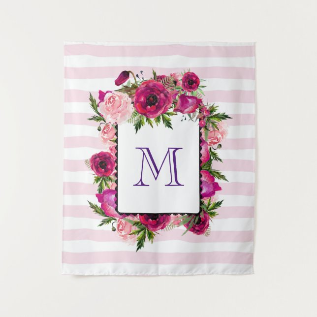 Pink Rose & Poppy Floral Bouquet on Pink Stripes Tapestry (Front)