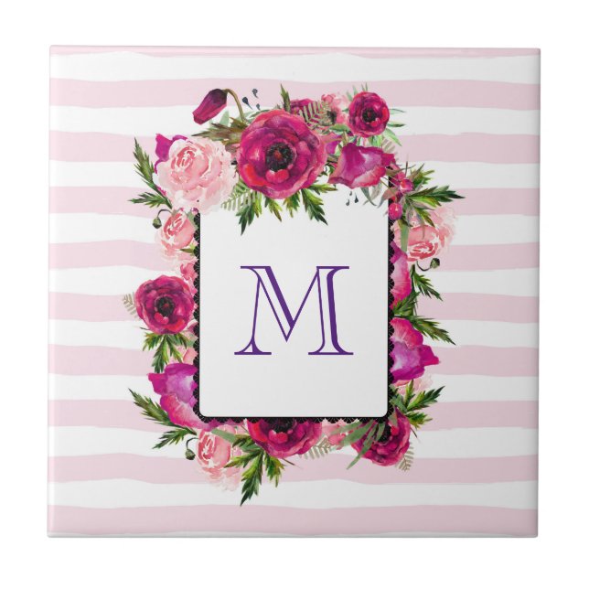 Pink Rose & Poppy Floral Bouquet on Pink Stripes Tile (Front)