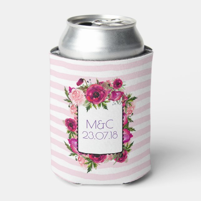 Pink Rose & Poppy Floral Bouquet Wedding Can Cooler (Can Front)