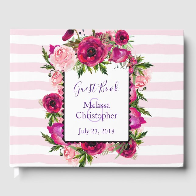 Pink Rose & Poppy Floral Bouquet Wedding Guest Book (Front)