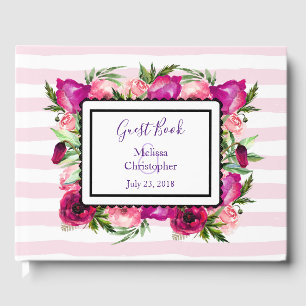 Pink Rose & Poppy Floral Bouquet Wedding Guest Book