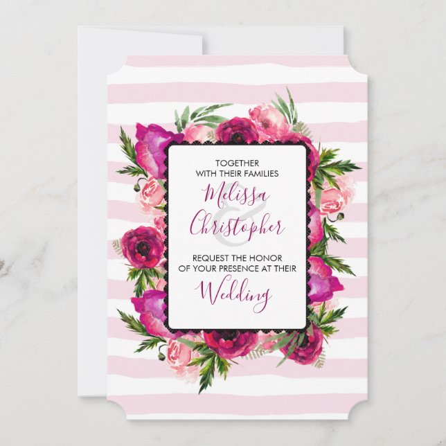 Pink Rose & Poppy Floral Bouquet Wedding Invitation (Front)