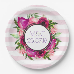 Pink Rose & Poppy Floral Bouquet Wedding Paper Plate
