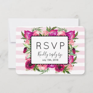 Pink Rose & Poppy Floral Bouquet Wedding RSVP Card