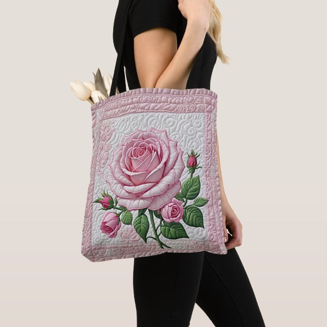 Pink Rose Quilt Tote Bag (Close Up)
