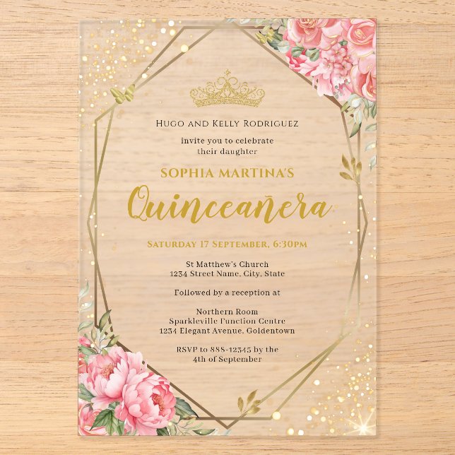 Pink Rose Quinceañera Acrylic Invitation (Front)