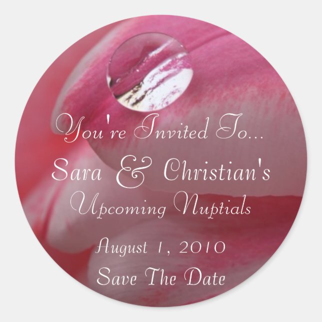 Pink Rose Raindrop Wedding Classic Round Sticker (Front)