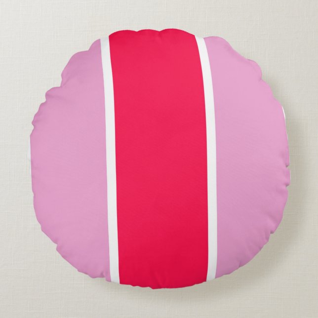 Pink rose, red and white lines round cushion (Front)