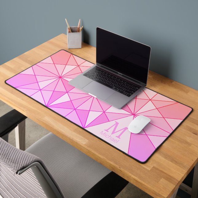 Pink rose retro Mosaic Triangle Pattern Monogram Desk Mat (Office 2)