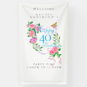 Pink Rose Ribbon 40th Birthday Banner